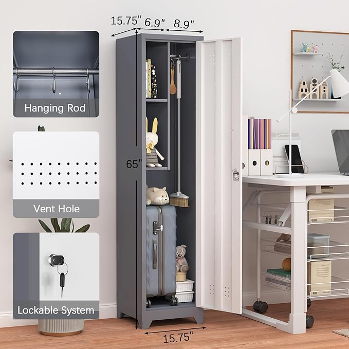 GREATMEET Broom Closet Storage Cabinet, 65'' Slim Metal Single Door Lockable Cleaning Storage Cabinet for Brooms, Mops & Cleaning Supplies, Utility Storage Cabinet for Garage, Laundry Room, White&Grey