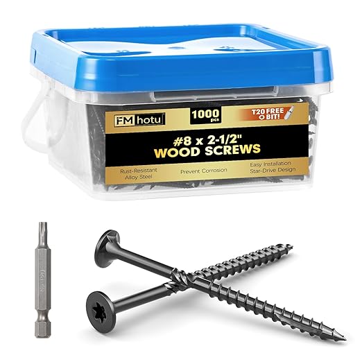 #8 x 2-1/2” Deck Screws, 1000Pcs Star Drive Wood Screws, Rust Resistant Timber Screws for Timber/Log/Landscaping Wood, T20 Star Bit Included, Black
