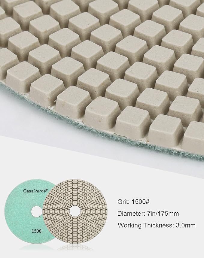 Casaverde 7Step 7 Inch Diamond Polishing Pads Grit 1500 Dry/Wet for Granite Marble Quartz Stone Countertop Polish