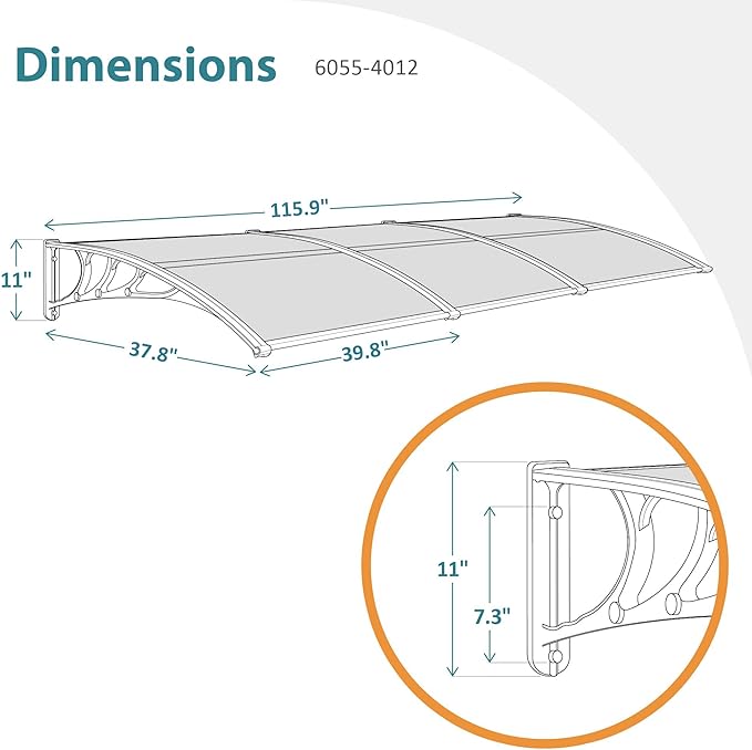 MCombo 115.9" x 37.8" Window Awning Outdoor Polycarbonate Door Shade Patio Cover Canopy, 6055-4012 (Clear Board with White Bracket)