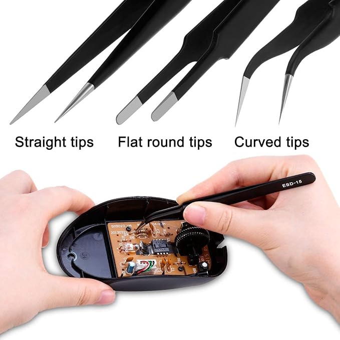 Precision Tweezers Set - 6PCS Anti Static ESD Industrial Tweezers Kit Matte Black, Fits for Electronics Repair, Soldering, Craft, Laboratory Work