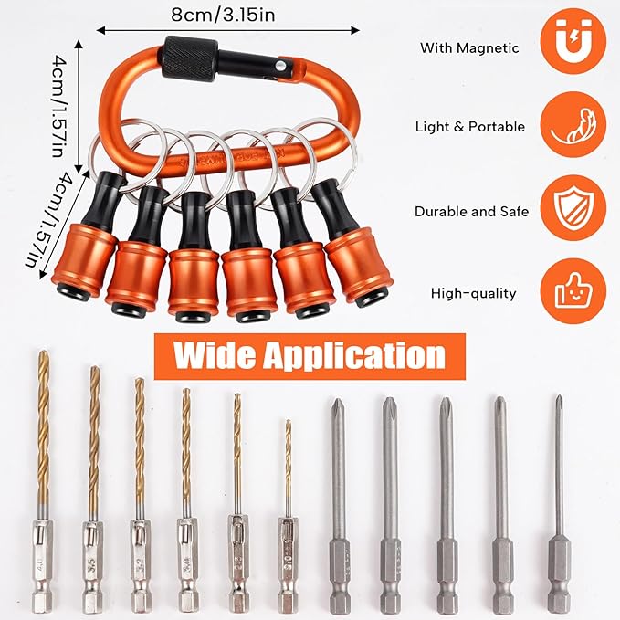 Upgrade Orange 12Pcs Bit Holder Keychain, 1/4 inch Hex Shank Bit Holders, Quick-change Design For Nut Driver, Screwdriver & Drill Bits, Include Keychain Carabiner, Push to Unlock