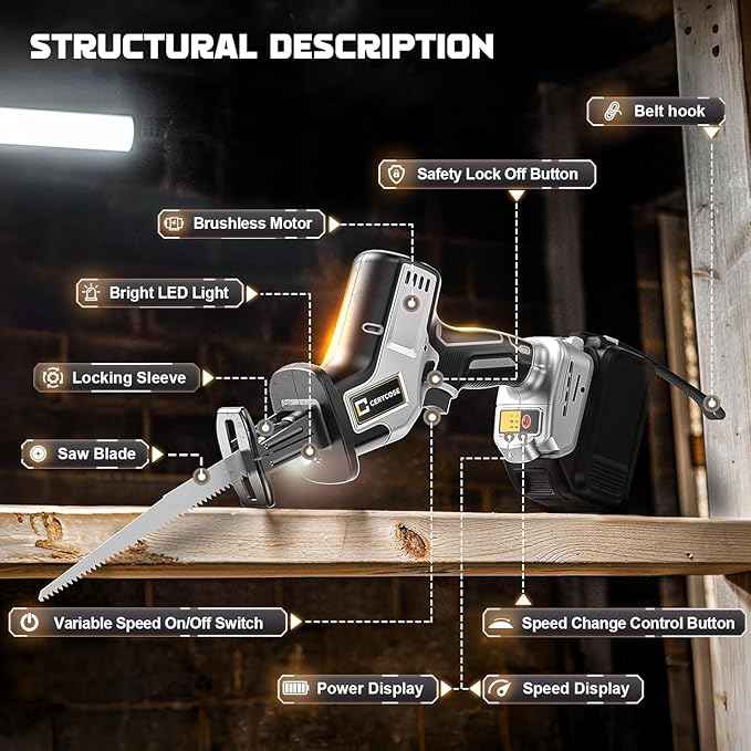 Cordless Reciprocating Saw Compatible with DeWalt 20V Max Battery, Brushless motor, Variable Speed 0-3000 Spm, Tool Free Blade Change, 4 Saw Blades for Wood/Metal/PVC Cuts (NO Battery)