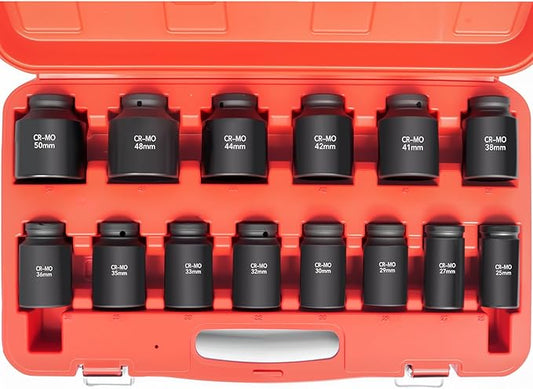 3/4 Inch Drive Deep Impact Socket Set,6-Point, Metric Sizes(25-50mm),14 PCS,Cr-Mo Steel,Heavy Duty Impact Sockets for Automotive & Industrial Machinery,With a Storage Case