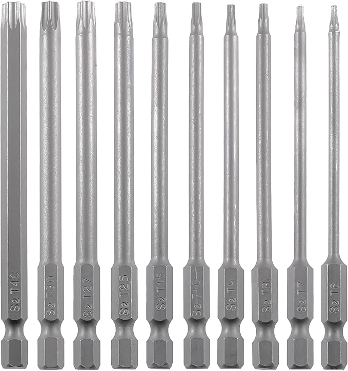 Security Torx Bit Set 11PCS 1/4 Inch Hex Shank 4 Inch/100 mm Length S2 Steel Extended Tamper Proof Star Bit Set with Magnetic for Power Screwdriver Drill Impact Driver