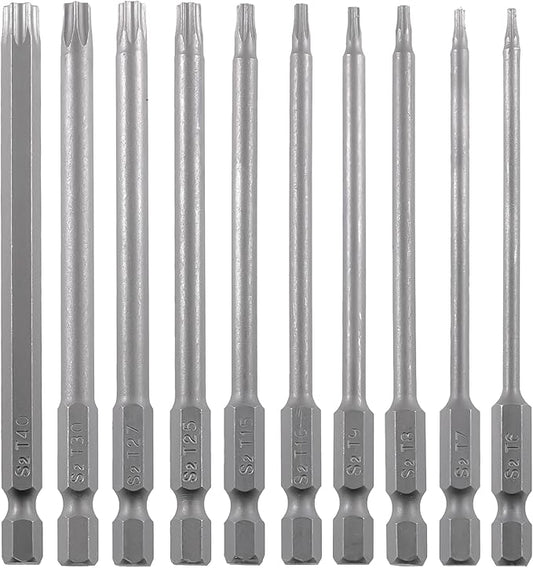 Security Torx Bit Set 11PCS 1/4 Inch Hex Shank 4 Inch/100 mm Length S2 Steel Extended Tamper Proof Star Bit Set with Magnetic for Power Screwdriver Drill Impact Driver