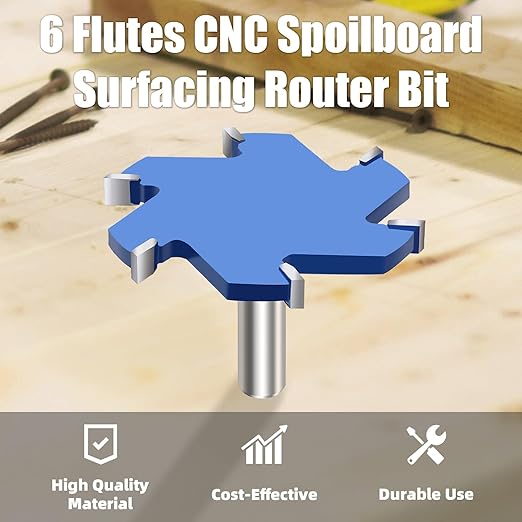 CNC Spoilboard Surfacing Router Bit, 1/2 Inch Shank Slab Flattening Router Bit, 6Wings Carbide Rabbet Slot Cutter for Woodworking, Wood Planing (3-11/32'' D, 5/16'' H)
