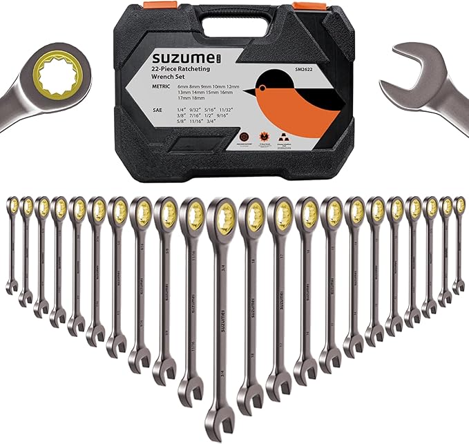 SUZUME 22-Piece Ratchet Wrenches Set Metric (6-18mm) SAE (1/4??3/4?? Cr-V Steel 72-Tooth 5째 Swing Arc Combination Wrench Sets with case for Tight Spaces Ideal for Mechanics and DIY Enthusiasts