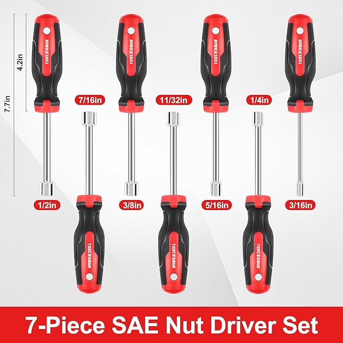 TOOLEAGUE 7Pcs SAE Nut Driver Set with 3-Inch Hollow Shaft,Pass Through Design,Nut Drivers Sizes 3/16, 1/4, 5/16, 11/32, 3/8, 7/16, 1/2-Inch for Hand-Making, Repair
