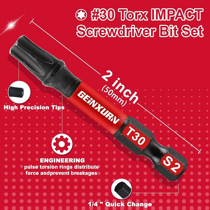 15 Pieces T30 Impact Tough Magnetic Screwdriver Bit Set, 2 In. #30 Torx Head Power Bit Set, S2 Alloy Steel T30 Star Bit Set