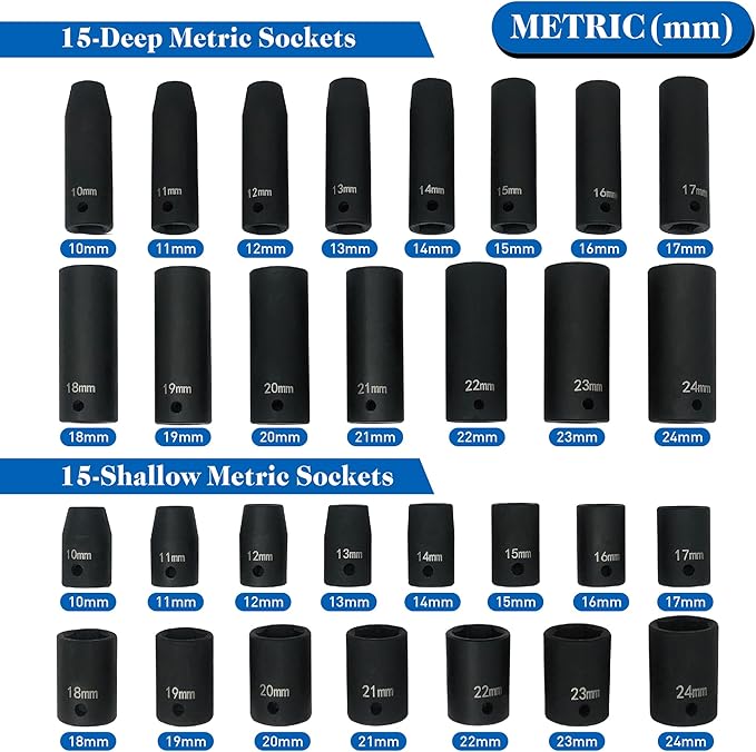 MacWork 65-Piece Impact Socket Set, 1/2-Inch Drive, SAE and Metric Sizes, CR-V Alloy Steel, Deep and Shallow Sockets with Accessories