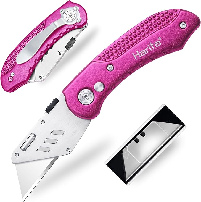 Box Cutter Heavy Duty Utility Knife, Razor Knife, Lightweight Aluminum Handle, Back-lock Mechanism, Stainless Belt Clip, for Carpet, Carton, Box, Cardboard, with 5-piece Extra Blades, Hot Pink
