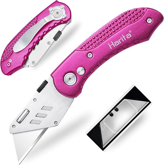 Box Cutter Heavy Duty Utility Knife, Razor Knife, Lightweight Aluminum Handle, Back-lock Mechanism, Stainless Belt Clip, for Carpet, Carton, Box, Cardboard, with 5-piece Extra Blades, Hot Pink