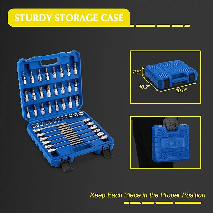 EMENTOL 48PCS 3/8"Dr. Master Torx Bit Socket Set, CR-V, S2 Steel, 5.9" Length Star Bit Socket Set, E4 -E20, T10-T60, TT10-TT60