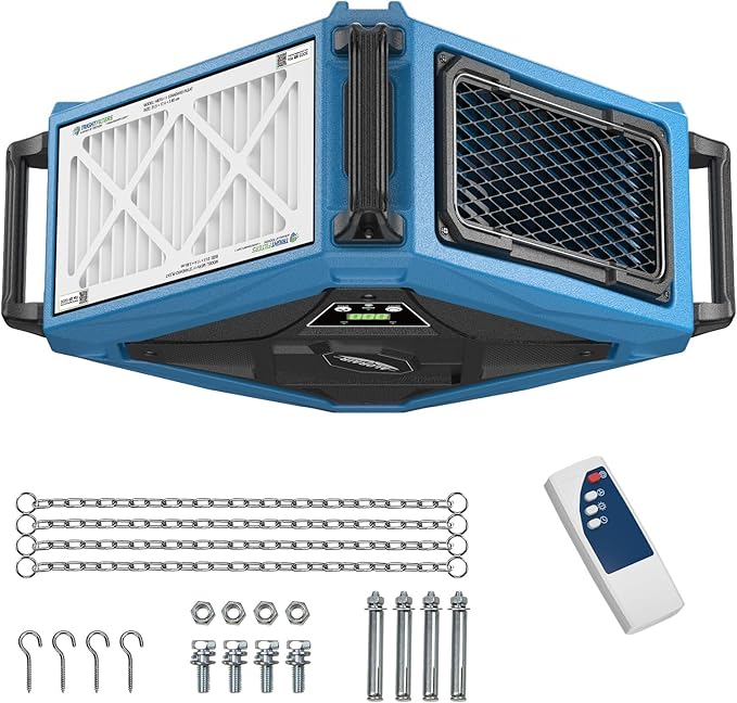 ALORAIR Hanging 270째 Intake Air Filtration Systems Woodworking Remote Control, 2 Stage Air Flow(780/1080CFM) Strong Vortex Fan, Ceiling Mounted Dust Collector for Garage, Work Shop, Purecare 1080