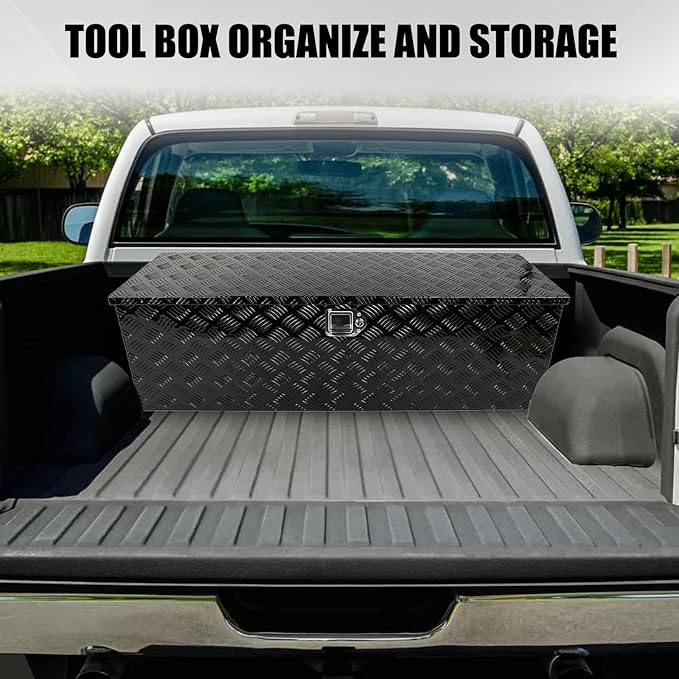 confote 48" Heavy Duty Aluminum Stripes Plated Tool Box Pick Up Truck Bed RV Trailer Toolbox Waterproof Square Storage Organizer with Side Handle, Lock with Keys -48"x 15"x 15"竊똁lack