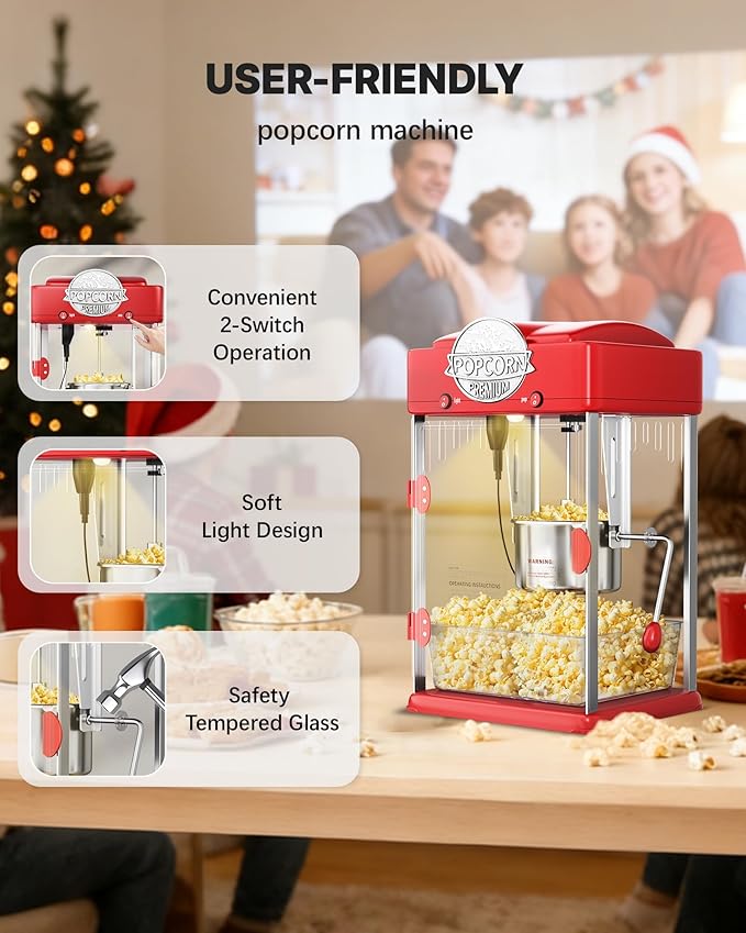 6 Oz Popcorn Machine Maker, Countertop Pop Corn Machine, Tabletop Popcorn Machine, Movie Theater Popcorn Popper Machine with Stainless-Steel Kettle, Measuring Tool for Home Family, 300 W, Red
