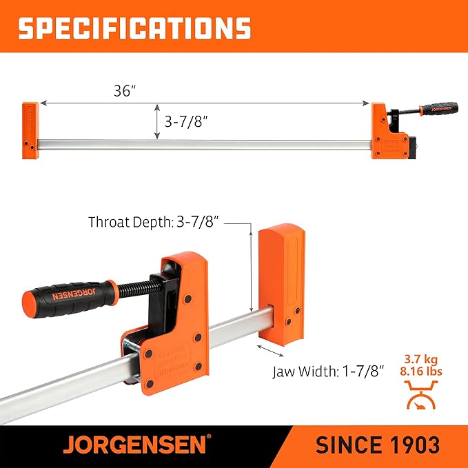 JORGENSEN 36-inch Bar Clamps, 90째Cabinet Master Parallel Jaw Bar Clamp Set, 2-pack