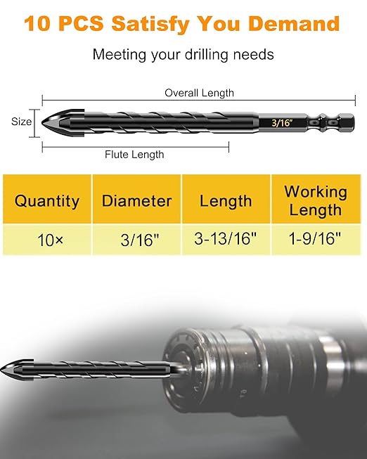 Masonry Drill Bit Set 3/16" (10PCS) - Cement Drill Bit, Professional Concrete Drill Bit Set for Glass/Brick/Cement/Tile/Etc, Industrial Strength Carbide Cross Drill Bit Tip, by TITGGI
