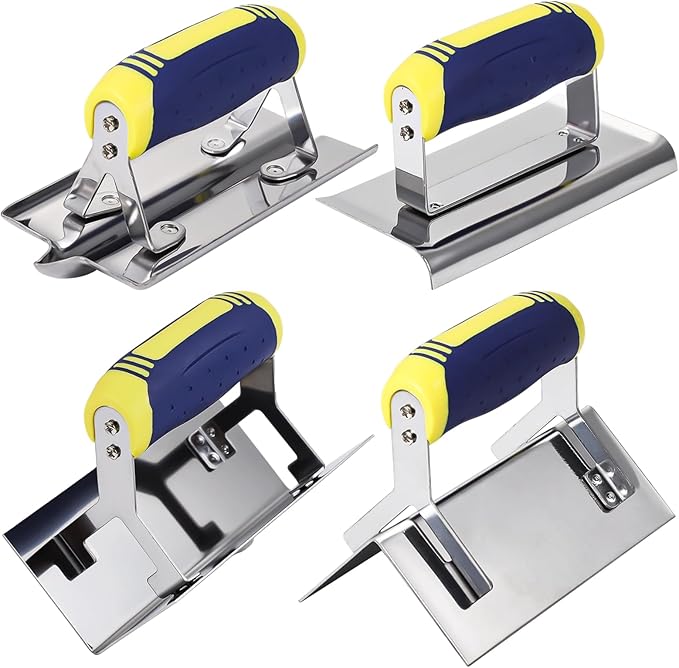 4 PCS Stainless Steel Concrete Tool Set, Includes Groover, Edger, Inside & Outside Corner Trowels, Anti-Rust Metal with Non-Slip Handle, Cement, Mortar, Plaster, Masonry Corner Finishing Work