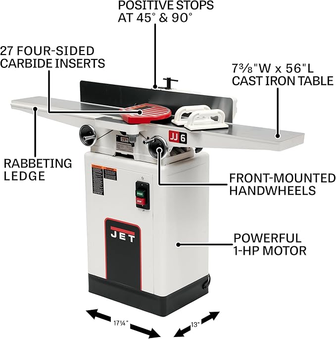JET 6-Inch Long Bed Jointer, Helical Cutterhead, 1 HP, 115/230V 1Ph (JJ-6HHDX)