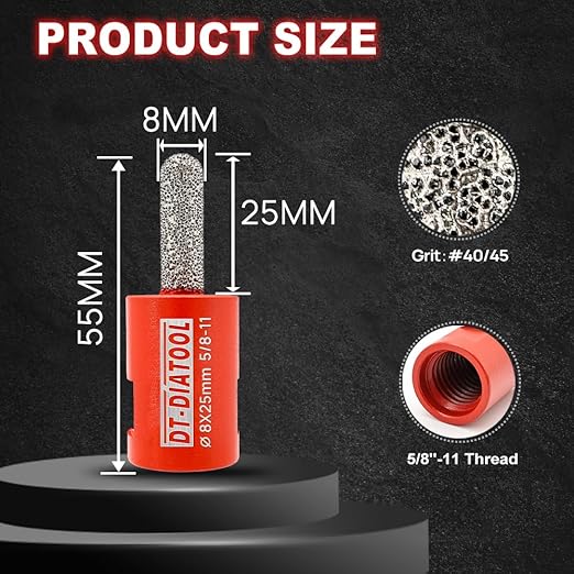 DT-DIATOOL Diamond Mortar Raking Bit for Brick Joints Stone Masonry Granite Diameter 5/16"x1" (8x25mm), 5/8 inch-11 Thread Router Bit