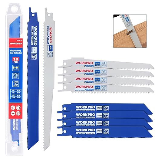 WORKPRO 10-Piece Reciprocating Saw Blade Set, BIM Saw Blades for Metal/Nailed Wood Cutting, Organizer Case Included