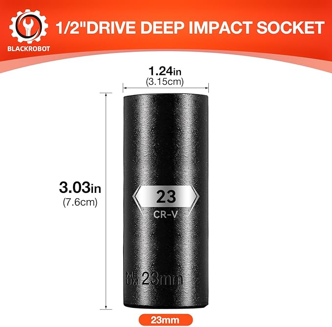 1/2 Inch Drive 6-Point Deep Socket, 23mm Deep Impact Socket, CR-V Steel
