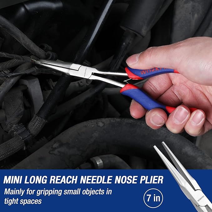 WORKPRO 3PCs Mini Pliers Set, Small Long Reach Needle Nose Pliers Includes 7" Needle Nose Plier, 6" Bent Nose Plier, 5-1/2" Diagonal Plier for Hard to Reach Narrow Spaces