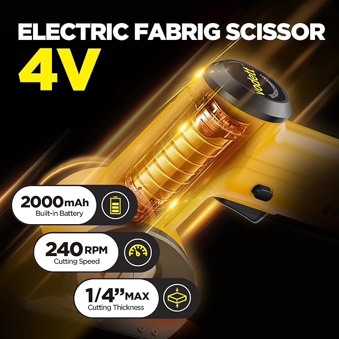 4V Cordless Electric Scissors, Rechargeable Cardboard Cutter with 2000mAh Battery, Safety Lock & 2 Blades ??Great Gift for DIY Crafts, Fabric, Leather Projects (Yellow)