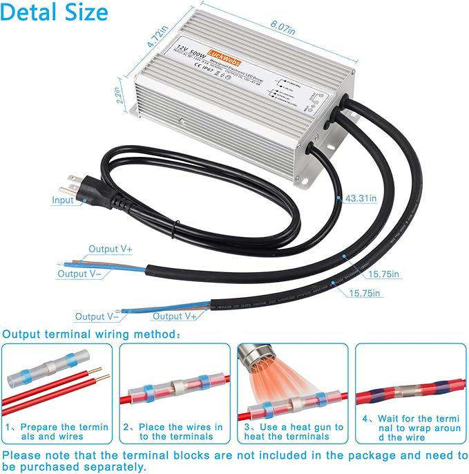 LED Driver 12V500W Waterproof Power Supply AC 90-130V to DC 12V41.6A Low-Voltage IP67 Switching Power Supply LED Strip Outdoor Light Box Waterproof Transformer