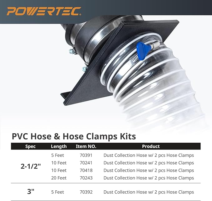 POWERTEC 4" x 10' Flexible PVC Dust Collection Hose with 2pcs Stainless Steel Key Hose Clamps for Table Saw, Band Saw, Planer, Jointer, Woodworking and Garage, WoodShop Dust Collection System (70242)