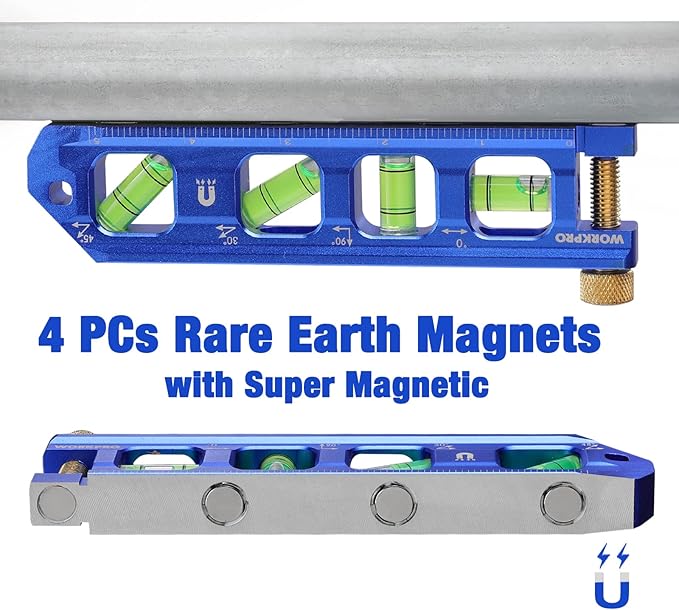 WORKPRO Magnetic Torpedo Level, Conduit Bending Level, Bubble Vials for 0째/90째/30째/45째 Measurements, Aluminum Alloy Construction, 6.3-inch, Cobalt Blue