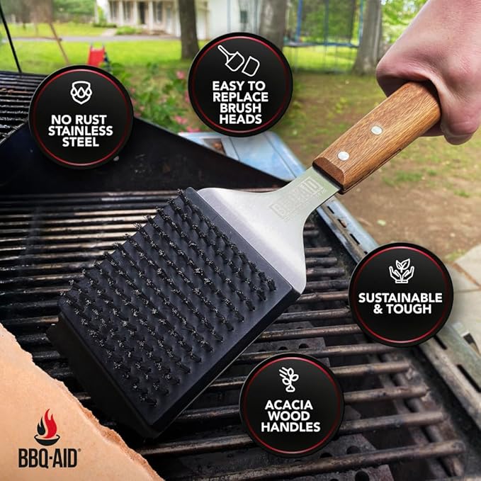 BBQ-Aid Grill Brush and Scraper for Barbecue ??Grill Brush for Outdoor Grill with Extended, Large Wooden Handle and Replaceable Stainless Steel Bristles Head ?밡o Scratch- BBQ Grill Brush for Any Grill