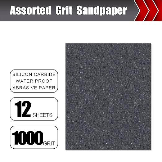 1000 Grit Silicon Carbide Sandpaper, Wet Dry Sandpaper Sheets, 9" x 11", 12 Sheets, Grey, Paper Backed, Compatible with Wood, Metal, Fiberglass, and Various Sanders