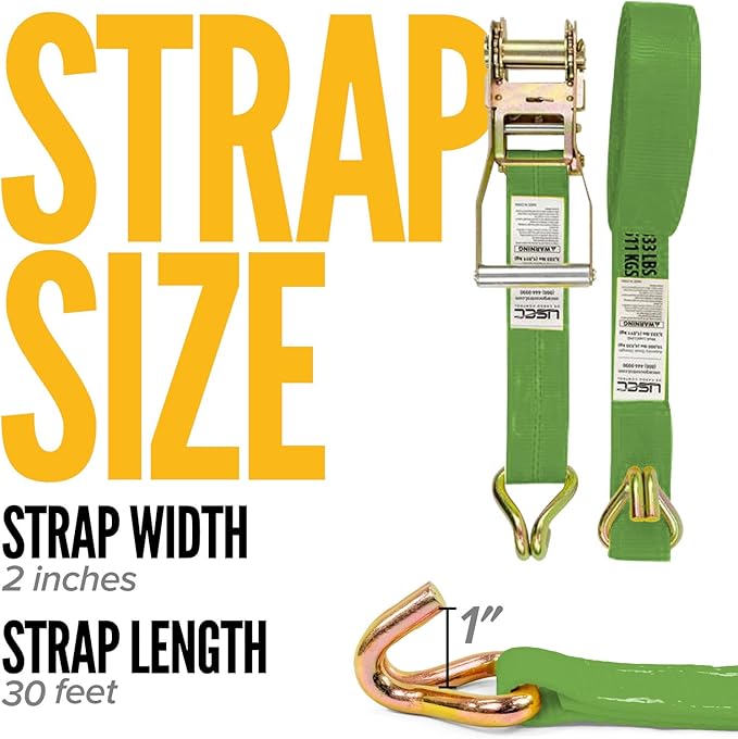 US Cargo Control Wire Hook Ratchet Straps 2 Inch x 30 Foot (2-Pack), 10,000 LBS Break Strength, Ratchet Straps Heavy Duty with Double J Hooks, Green Cargo Tie Downs for Flatbed Trailers and Trucks