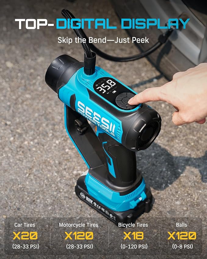 SEESII 3-in-1 Tire Inflator, Portable Air Compressor & Car Vacuum Cleaner & Searchlight, 21V Car Tire Air Pump with Digital Pressure Gauge, 150 PSI Max for RV SUV Tires, Motorcycles, E-Bikes