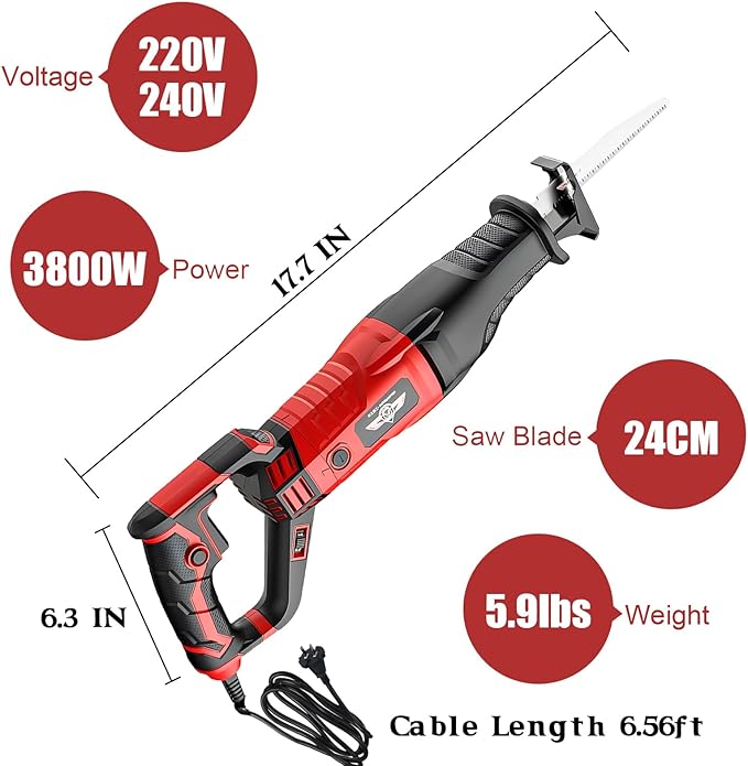 Multi-Purpose 3800W Handheld Electric Saw, 6-in-1 Cutter for Meat Bone, Wood, Metal, Plastic, Aluminum, Heavy Duty Bone Saw Machine Kit with Gloves & Goggles (220V)