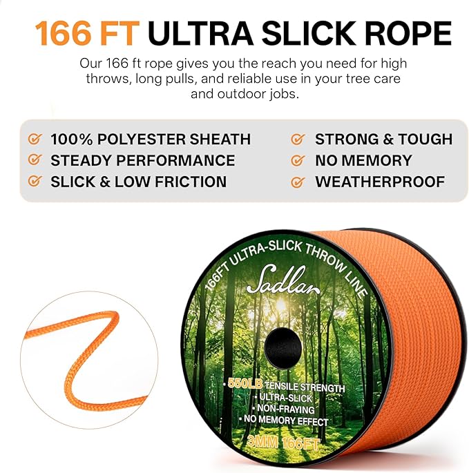 Arborist Throw Line Kit - Ultra Slick 166ft Polyester Rope with 11Oz Weight Throw Bag Low High Limb Throwing Adults Forestry Tree Trimming Cutting Gear