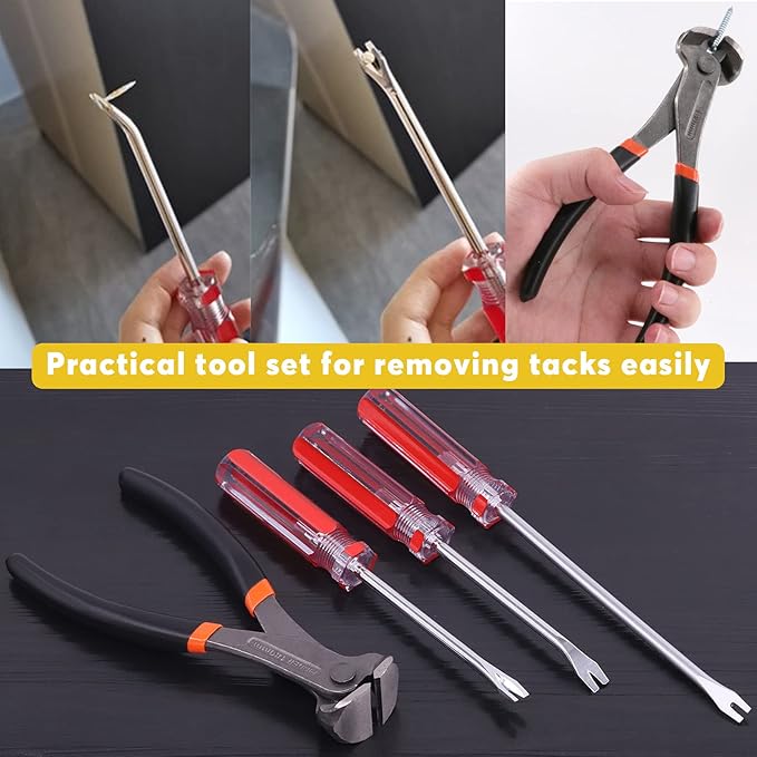 4Pcs End Cutting Pliers and Tack Puller Nail Remover Tools Set with Straight U Tip, Straight V Tip and Angled V Tip Tack Lifter to Remove Nails Wire for Upholstery Car Construction