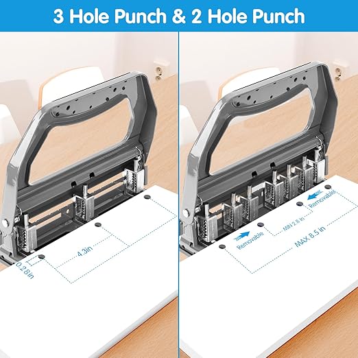 AFMAT 3 Hole Punch Heavy Duty, 9/32" Holes, 50-Sheet Hole Puncher 3 Ring, 50% Reduced Effort, Adjustable Two & Three Hole Punch, Metal Paper Puncher w/Large Chip Tray, Metal Paper Guide, Gray, HP18