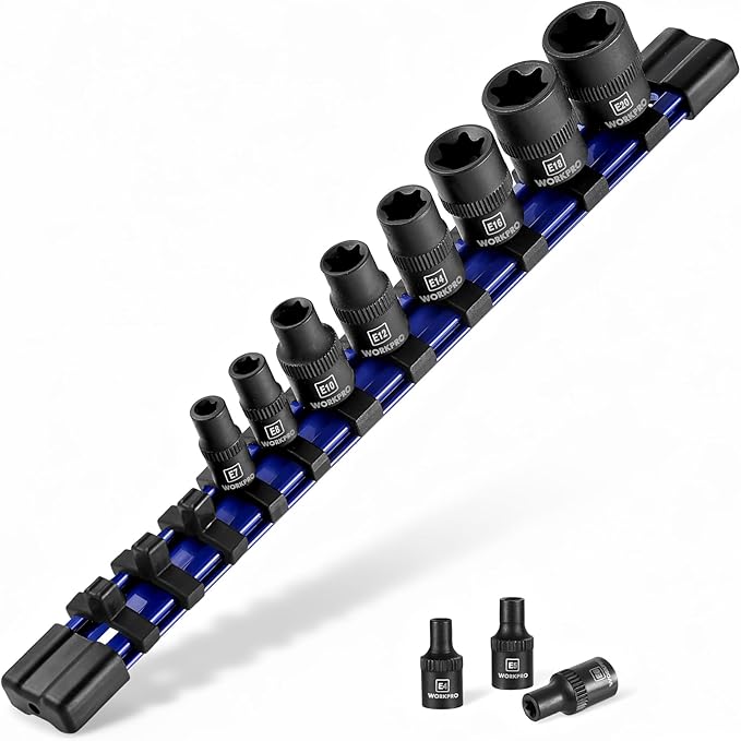 WORKPRO 11PCS E-Torx Socket Set, 1/4" 3/8" Drive Star Socket Set, CR-V Steel External Torx Socket Set (E4-E20 Socket) with PVC Socket Organizer, Ideal for Motorcycle, Automotive, and Mechanical Repair