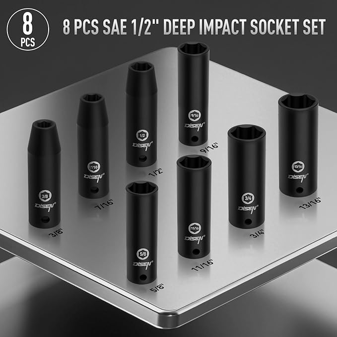 DISEN 8 Pcs 1/2" SAE Impact Socket Set, Deep Sockets 3/8"- 13/16", 6-Point Cr-V & Alloy Steel, 1/2 Inches Drive Impact Socket Set,Rugged Construction, Enhanced Storage Case