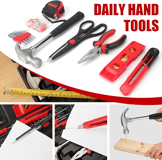 ARUCMIN 51-Piece Red Tool Set, Home Tool Kit with Toolbox Storage Case Home Repair Tool Kit with Drawer for Women