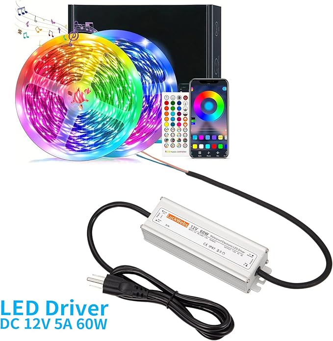 LED Driver 12V60W Waterproof IP67 Power Supply Transformer AC90-240V to DC 12V5A Switching Power Supply Stable Performance Suitable for Indoor Outdoor LED Strip Lights and 12V DC Devices