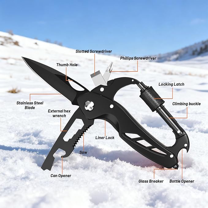 9 in 1 Multitool Carabiner with Pocket Knife, Stocking Stuffers Gifts for Men, EDC Carabiners with Folding Knives, Bottle Opener, Window Breaker and Screwdriver, Survival Gear for Camping Hiking