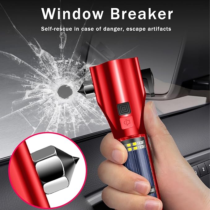 Car Glass Breaker Hammer with Flashlight, Multi-Function Rechargeable Emergency Escape tools with Window Breaker and Seatbelt Cutters,Bright Solar Torch竊?RescueAlarm Rescue, Strobe SOS Beacon