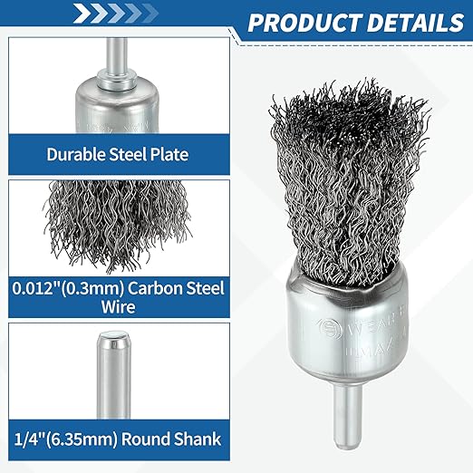 Wire Brush for Drill (1"/25mm) 4Pack, Crimping Steel Wire 0.012" (Carbon Steel) Wire Brush Drill Attachment with 1/4" Round Shank - for Rust, Cleaning, Deburring on Cast Iron