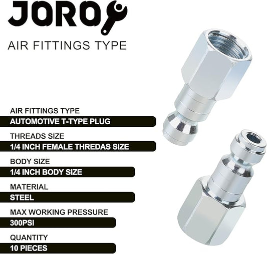Air Compressor Accessories Fittings, Automotive T-type, 1/4 Inch Body Size, 1/4 Inch Female Threads Size, Steel Material, 300PSI Max Working Pressure, 10 Pieces Air Hose Plug Set