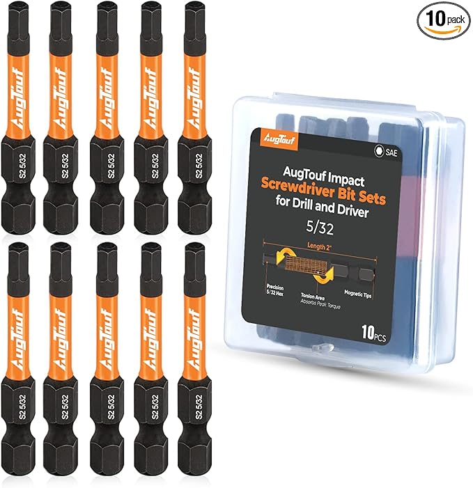 toolant 5/32" Impact Hex Bits Set 10pcs, 1/4” Hex-Shank Allen Wrench Drill Bit Set, S2 Steel, CNC Machined Tips with Magnetism, 2” Long with Storage Box